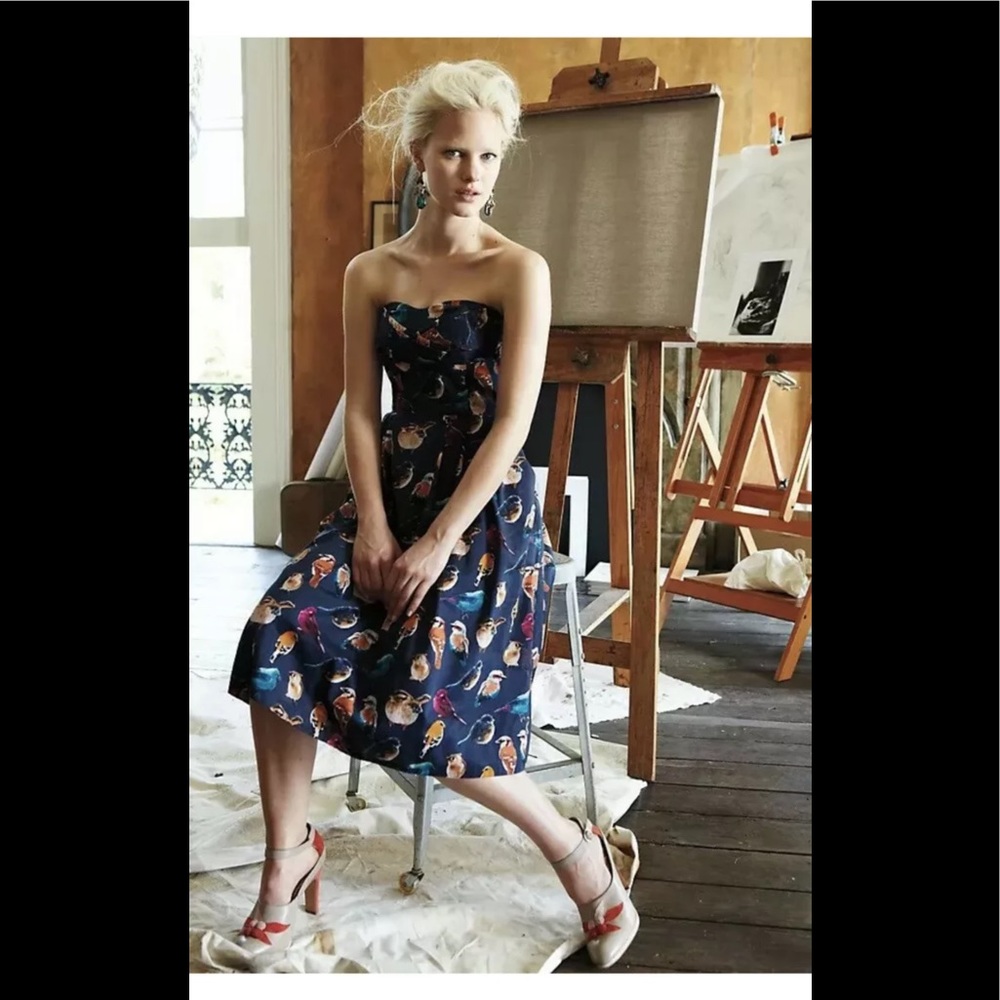 Anthropologie-Maeve Strapless Bird Fit & Flare Sweetheart Dress with Pockets